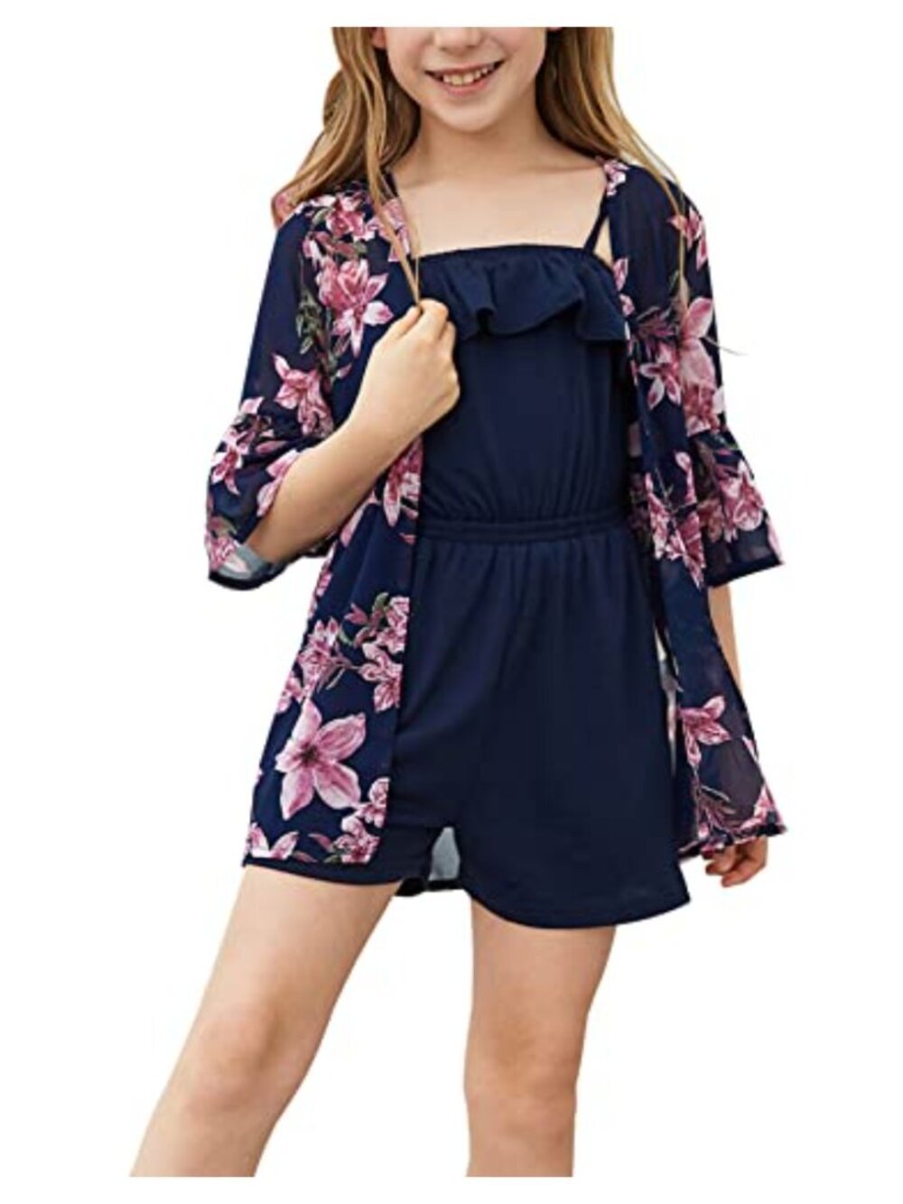 Girls Floral Print Chiffon Beach Cardigan Coverup Kimono Swimsuit Wrap